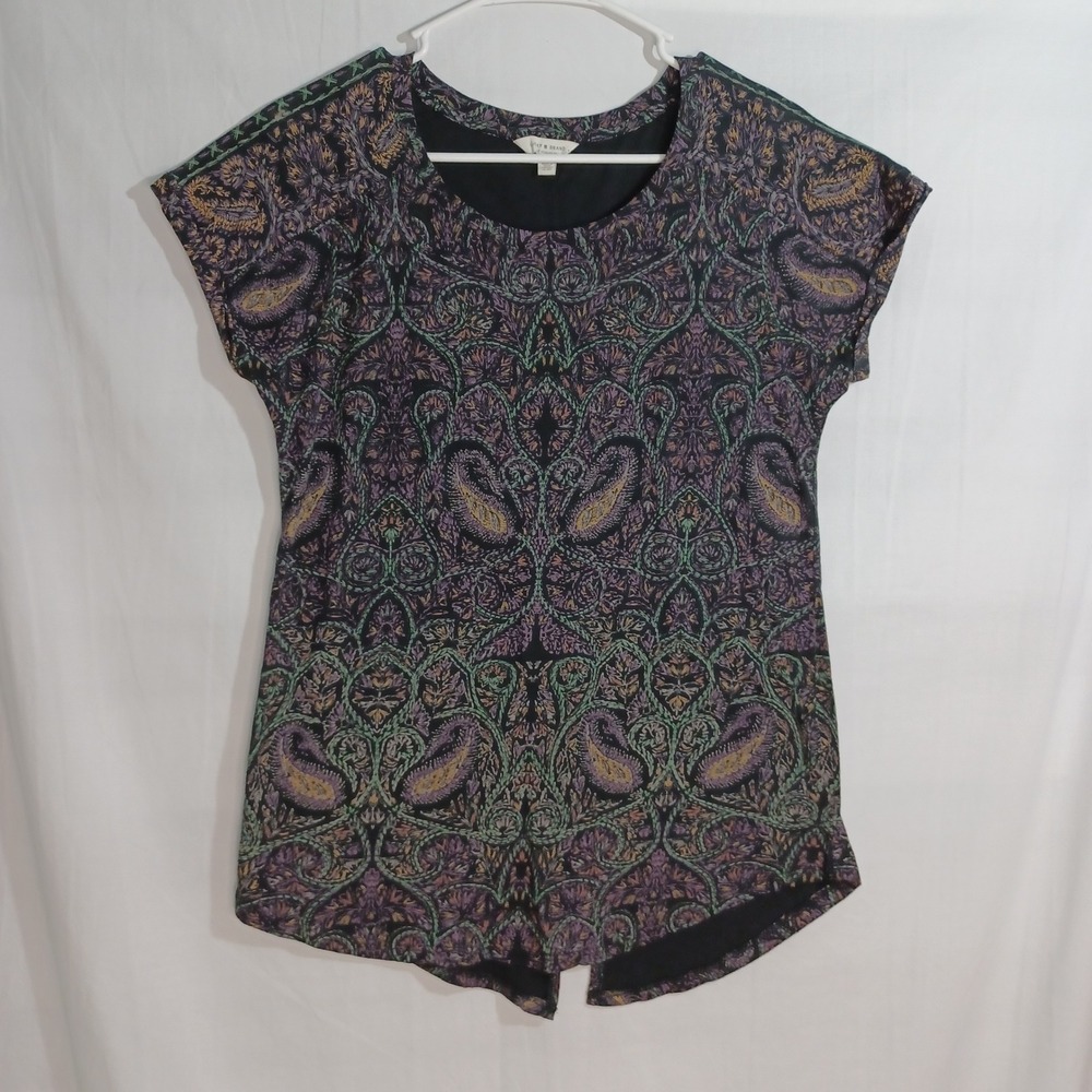 Women's Lucky Brand Black Yellow Purple Paisley Lightweight Boho Blouse Size Sm